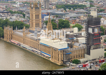 Aerial view, Houses of Parliament, the Elizabeth Tower, known as Big Ben, and the Thames, Westminster from above, London, UK Stock Photo