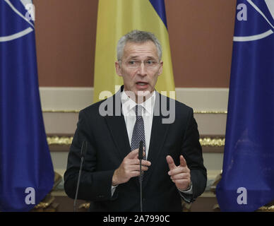 Kiev, Ukraine. 31st Oct, 2019. NATO Secretary General JENS STOLTENBERG speaks to journalists, after a meeting of the NATO-Ukraine Commission in Kiev, Ukraine, on 31 October 2019. The day before, JENS STOLTENBERG with the NATO Ambassadors visited the NATO four ships, which are docked in the Black Sea port of Odessa. NATO Secretary General JENS STOLTENBERG visited Ukraine on October 30-31, 2019. Credit: Serg Glovny/ZUMA Wire/Alamy Live News Stock Photo