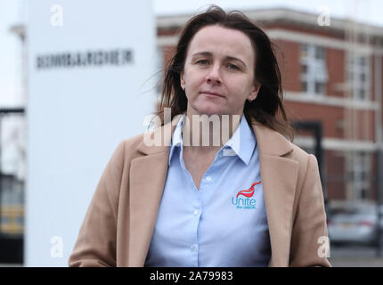 Susan Fitzgerald, Unite regional coordinating officer, outside the Bombardier factory in Belfast which has been sold to US firm Spirit AeroSystems. PA Photo. Picture date: Thursday October 31, 2019. The Canadian-owned multi-national is reorganising its business to focus on business aircraft and trains. See PA story ULSTER Bombardier . Photo credit should read: Niall Carson/PA Wire Stock Photo