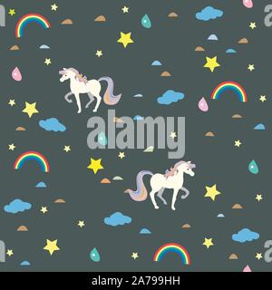 Seamless Unicorn Pattern with clouds, rainbows and drops of rain. Vector Illustration. Stock Vector