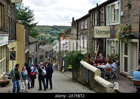 Haworth Main Street in Summer, Bronte country, Stock Photo