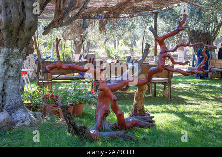 cut and varnished sculpture made from tree branches. Stock Photo
