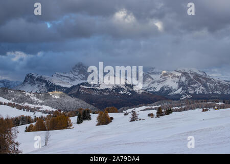 Beautful snowy mountains in Alpe di Siusi, Dolomite mountains - winter holidays destination Stock Photo