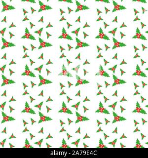 Christmas holly branches with cinnamon and cloves on a white background. Seamless pattern. Stock Vector