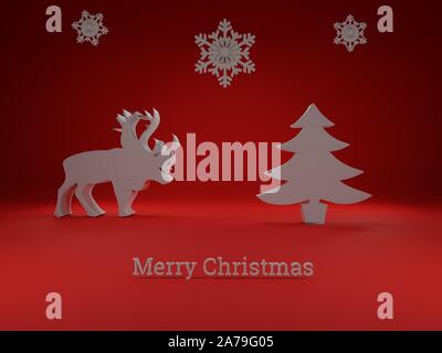Christmas Paper Render Illustration of a Reindeer and Christmas tree with snowflakes with a red background Stock Photo