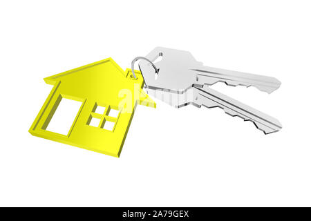 3D key ring with house hanger on white background Stock Photo
