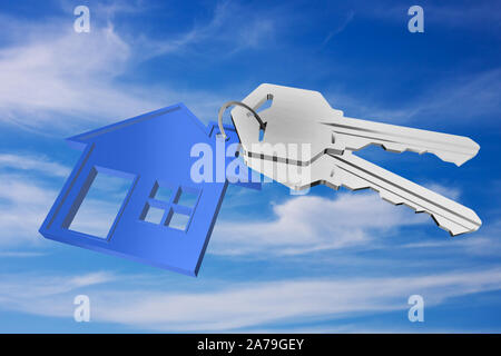 3D key ring with house pendant on sky background Stock Photo