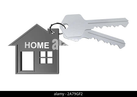3D key ring with house hanger on white background Stock Photo