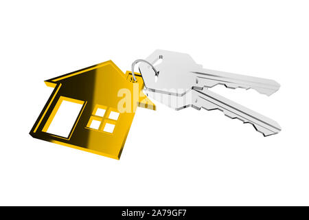 3D key ring with house hanger on white background Stock Photo