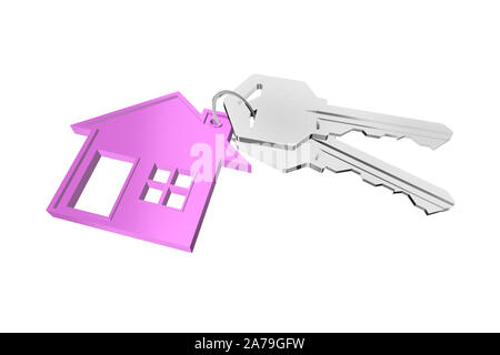 3D key ring with house hanger on white background Stock Photo