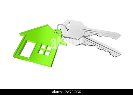 3D key ring with house hanger on white background Stock Photo