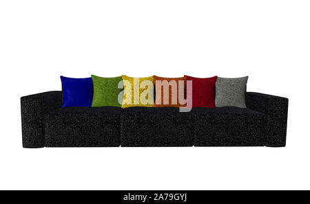 Black sofa with colorful cushions isolated on white Stock Photo