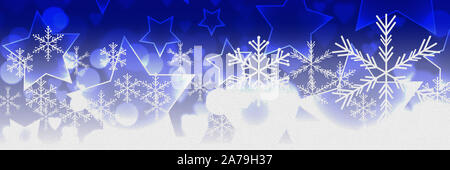 Blue, white Christmas background with bokeh, stars and snowflakes Stock Photo