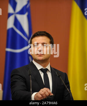 Kiev, Ukraine. 31st Oct, 2019. President of Ukraine, Volodymyr Zelensky attends a joint press conference with NATO Secretary General, Jens Stoltenberg after the Ukraine-NATO Commission meeting.Jens Stoltenberg arrived in Ukraine on 30th October 2019 on a two-day visit. Credit: SOPA Images Limited/Alamy Live News Stock Photo