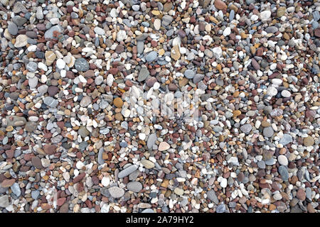 Background from many small smooth pebble stones on the sea beach on sunny day top view close-up Stock Photo