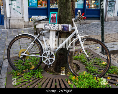 Bicycle memorial for road accident victim - Saint Gilles, Brussels, Belgium. Stock Photo