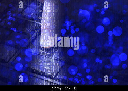 Blue Binary Code with Bokeh and Keyboard Futuristic Stock Photo