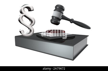 Law book with judge's hammer and paragraph sign on white background Stock Photo