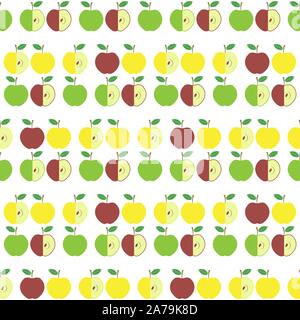 Cute Fresh Red and Yellow Green Apple Seamless Pattern on White Background. Fruit Repeating Texture Stock Vector