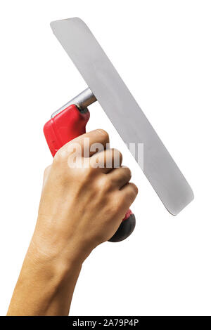 Trowel in hand isolated on a white background. Hand raised up holds a construction tool Stock Photo