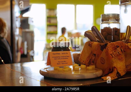 Boothbay Harbor, ME / USA - October 20, 2019: Free samples of cheese at Eventide Specialties Stock Photo