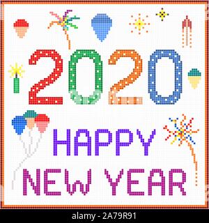 New year 2020 pixel message - 2020 New year message with balloons and fireworks. Square pixels of various colors have been used. Stock Vector
