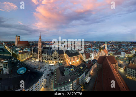 Ultrawide aerial panorama of Munich city centre - Marienplatz, Church of our Lady to Viktualienmarkt Stock Photo
