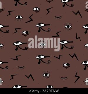 Third Eye Seamless pattern.  Seamless Pattern. Psychedelic eyes. Egyptian, closed and opened eye, suspicious eye. Good for webs, fabric cover, books, Stock Vector