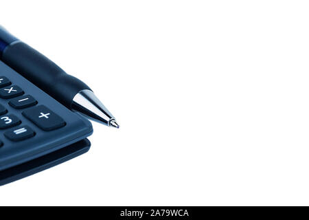 automatic pen and calculator on a white background, close up. Stock Photo