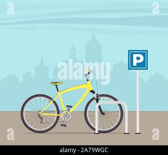 Bicycle Parking on a city street. Yellow modern bicycle at parking sign. Vector illustration in flat style Stock Vector