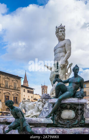 FLORENCE, TUSCANY/ITALY - OCTOBER 19 : Detail from the Fountain of Neptune statue Piazza della Signoria in front of the Palazzo Vecchio Florence on October 19, 2019 Stock Photo