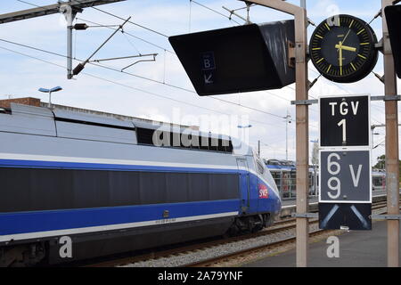 TGV train in La Rochelle station, France. Stock Photo