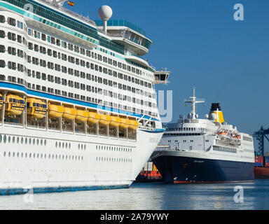 Explorer of the Seas (left) and MS Saga Sapphire cruise ships in Las Palmas, port, Gran Canaria, Canary Islands, Spain. Stock Photo