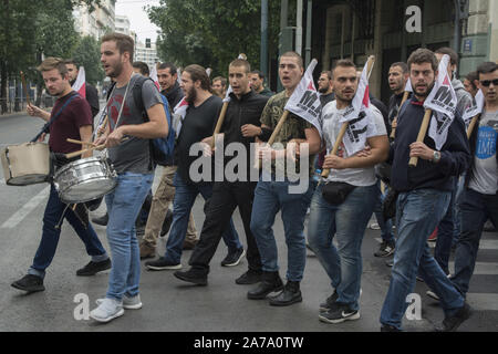 October 31, 2019, Athens, Greece: Students rally holding banners and shout slogans against the government and the minister of education. Thousands university students took to the streets to demonstrate against upcoming reforms in education, which they claim will only benefit private colleges and will lead students who need to work simultaneously with university to drop out of the latter (Credit Image: © Nikolas Georgiou/ZUMA Wire) Stock Photo