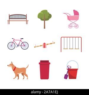 set of park objects and dog, flat design Stock Vector