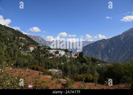 Kalpa is a small town in the Sutlej river valley, above Reckong Peo in the Kinnaur district of Himachal Pradesh, Northern India, Stock Photo