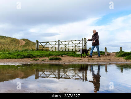 Crosby Beach, A man walking his dog, Liverpool, UK Stock Photo