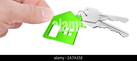 3D key ring with house hanger on white background Stock Photo