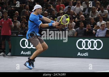Paris, France. 31st Oct, 2019. German player JAN LENNARD STRUFF returns the ball to French player JO WILFRIED TSONGA during the round of 16 of Rolex Paris Masters 1000 tournament at Paris AccorHotel Arena Stadium in Paris France.Jo Wilfried Tsonga beat Jan Lennard Struff 2-6 6-4 7-6 Credit: Pierre Stevenin/ZUMA Wire/Alamy Live News Stock Photo
