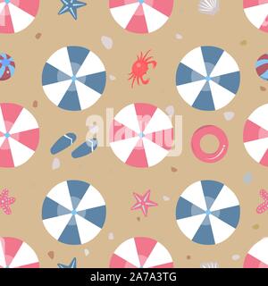 Summer Seamless Pattern. Beach with umbrellas and other summer elements. Vector Illustration. Stock Vector