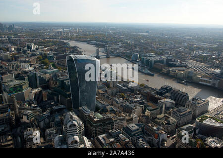 An aerial view of the City of London and its Financial District with highrise skyscraper office blocks. Stock Photo