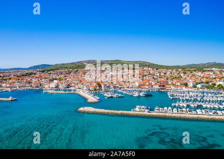 Town of Vodice and amazing turquoise coastline on Adriatic coast, aerial view, Croatia Stock Photo