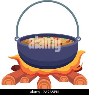 Camping pot over bonfire icon, flat design Stock Vector