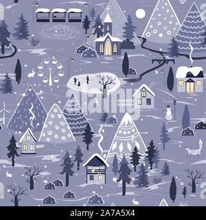 Winter seamless pattern with night landscape with village and church in the woods. Beautiful Christmas Nature with City in the Mountains. Vector Stock Vector