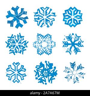 Grunge expressive Snowflakes. Set of nine grunge stylized snowflakes. Isolated on white background. Vector available. Stock Vector
