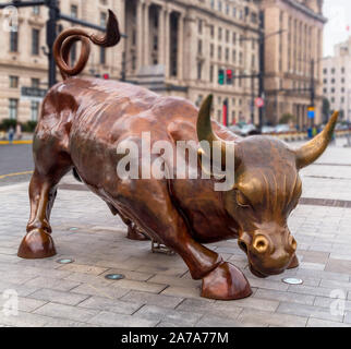 Arturo Di Modica's Charging Bull sculpture (The Bund Bull), the Bund, Shanghai, China Stock Photo