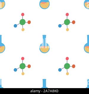 Chemistry seamless pattern molecule and flask, great design for background, wrapping paper, fabric, surface. School education vector backdrop. Stock Vector