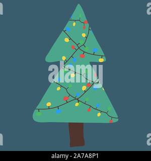 Flat christmas tree with colorful garand. Winter festive decoration. Xmas illustration. Stock Vector