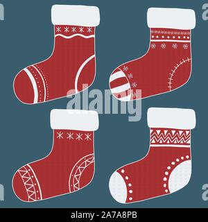 Retro cartoon template with set of christmas red socks with decorative ornament on green backdrop. Holiday design flat elements. Snowflake winter. Stock Vector