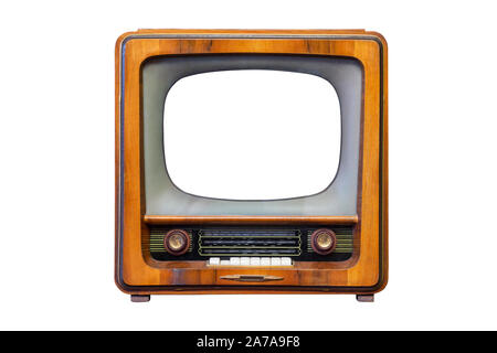 Vintage tv - antique wooden box television isolated on white with clipping  path for object. retro technology Stock Photo